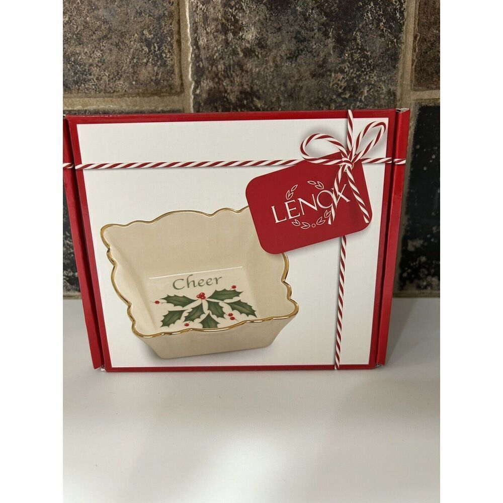 New In Box Lenox Holiday Square Fluted Dish "Cheer" w/ Original Box And Tags.